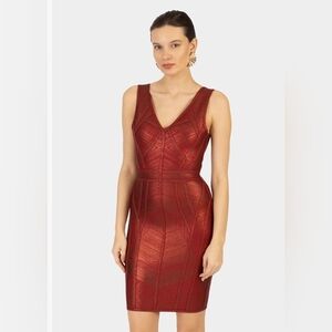 NWT Shimmery Wine Red HERVE LEGER Holiday Bodycon Icon Bandage Dress XS Sparkles